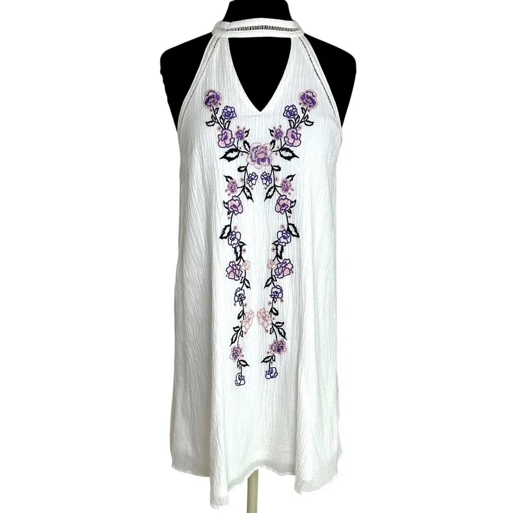 Blue Rain Francesca's White Floral Embroidered Halter Dress Boho Size M - Picture 1 of 13